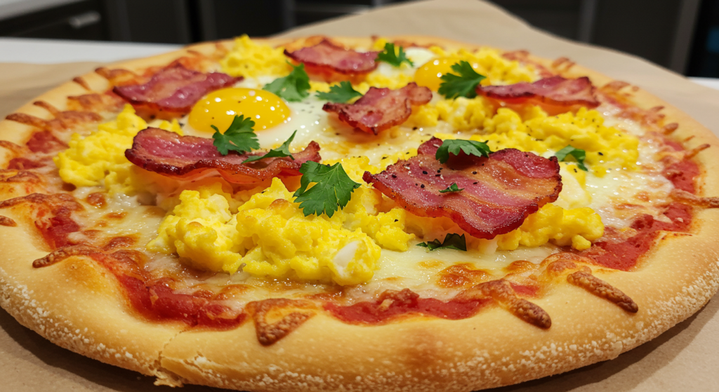 "Freshly baked breakfast pizza with eggs, bacon, and cheese in a modern kitchen."