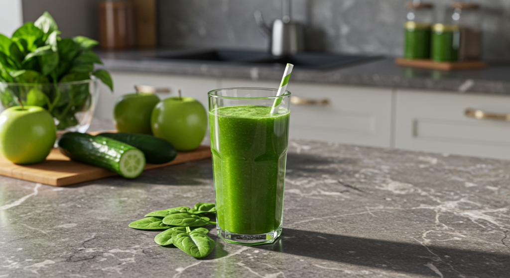 "Fresh green juice recipe in a glass with spinach, cucumber, and green apples on a kitchen counter."