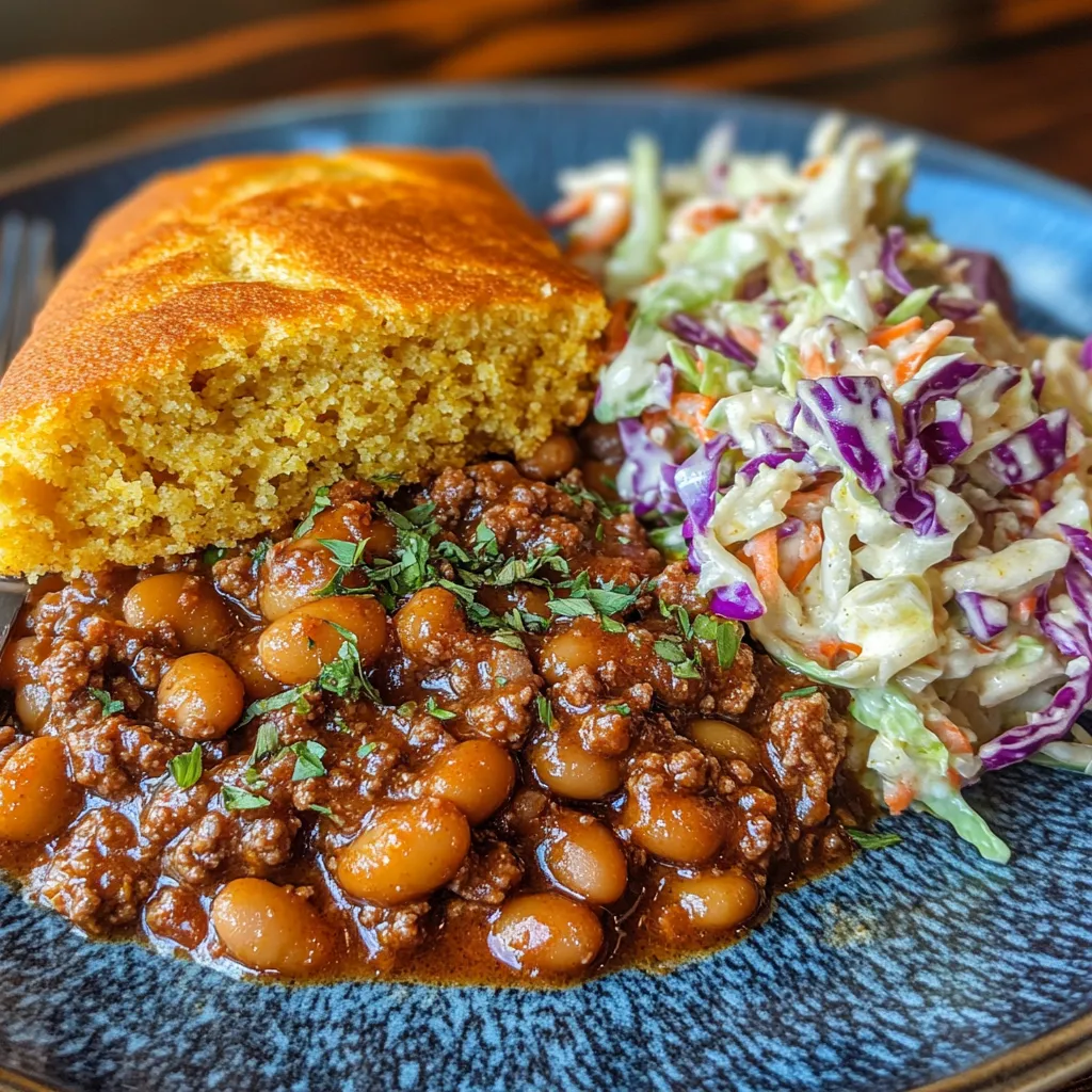 Baked Beans with Ground Beef Served with Cornbread