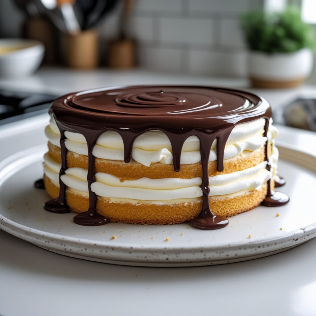 Close-up of Boston cream cake with glossy chocolate ganache