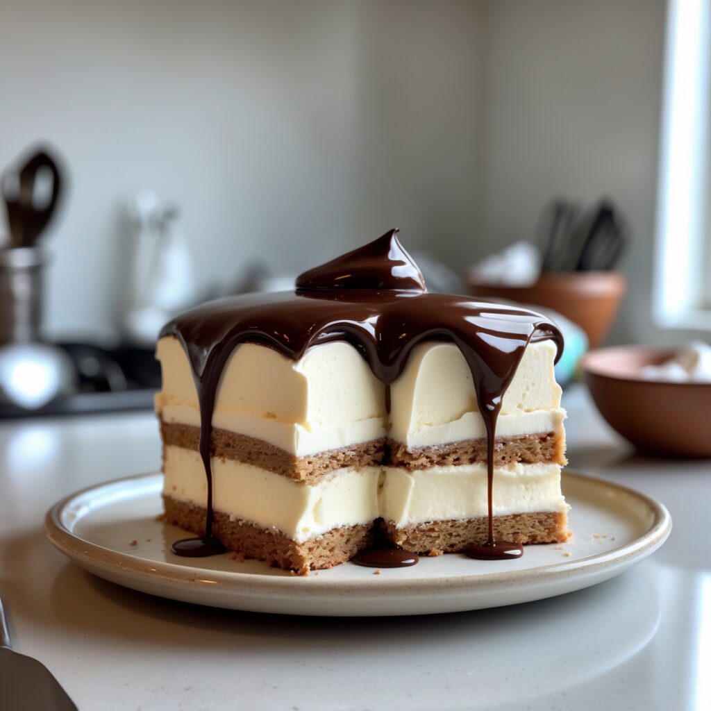 Boston cream cake with a slice removed, showing creamy layers.