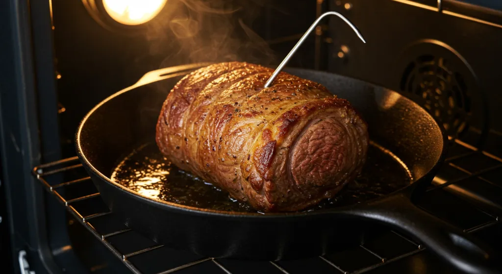 Bottom round roast cooking in a cast iron skillet inside the oven