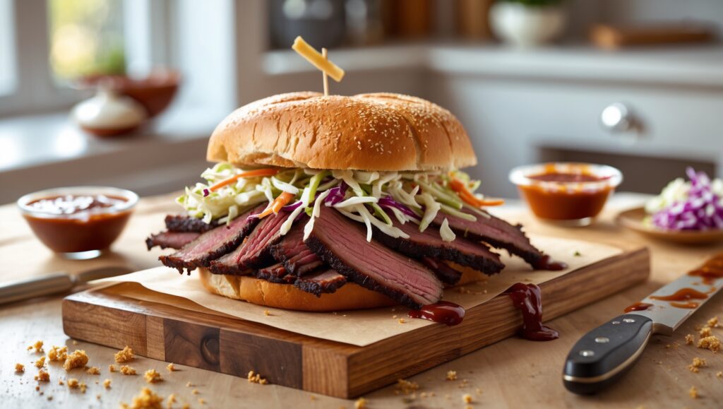 Close-up of a delicious brisket sandwich with coleslaw and barbecue sauce