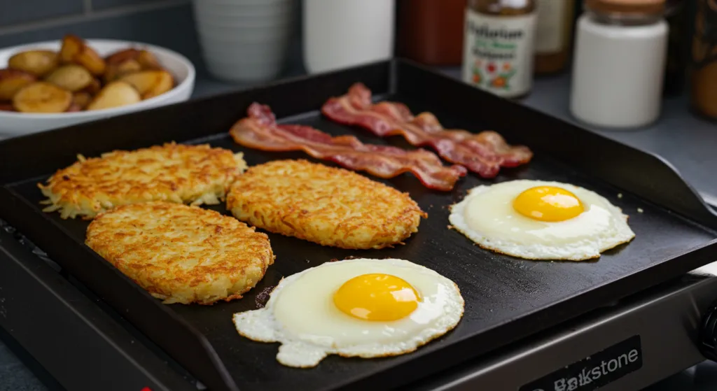 Breakfast spread with hash browns, eggs, and bacon on a Blackstone griddle.