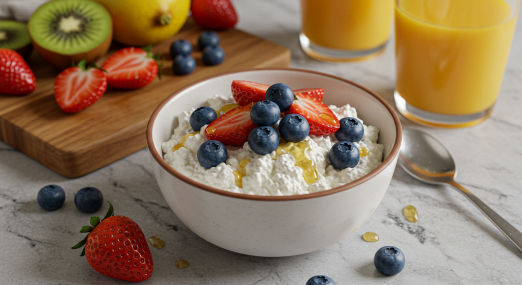 Bowl of cottage cheese with fresh fruit in a modern kitchen