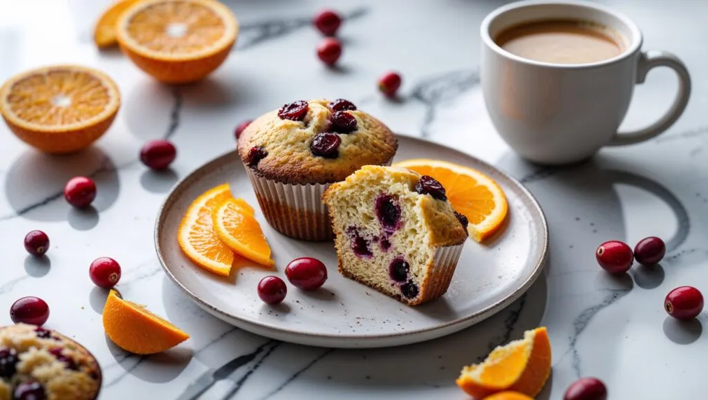 Cranberry orange muffin served with coffee and orange slices