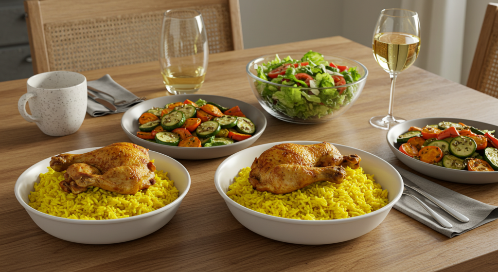 Family dinner table with chicken and yellow rice as the centerpiece.