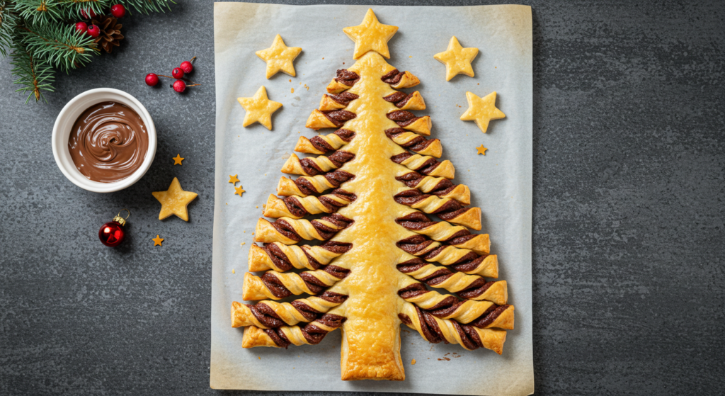 Nutella puff pastry Christmas tree dessert on holiday table