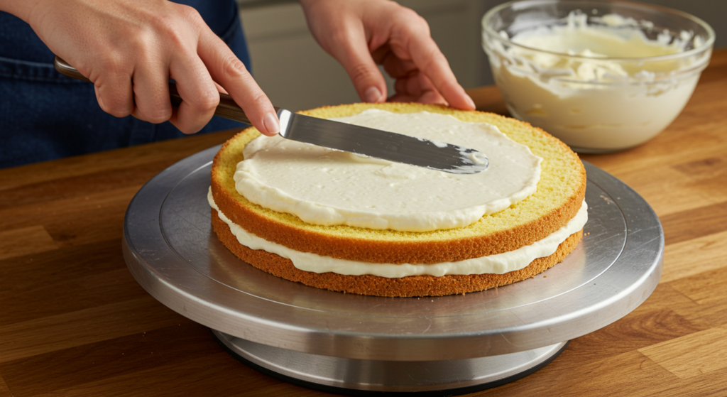 Spreading vanilla cream filling on a Boston cream cake layer