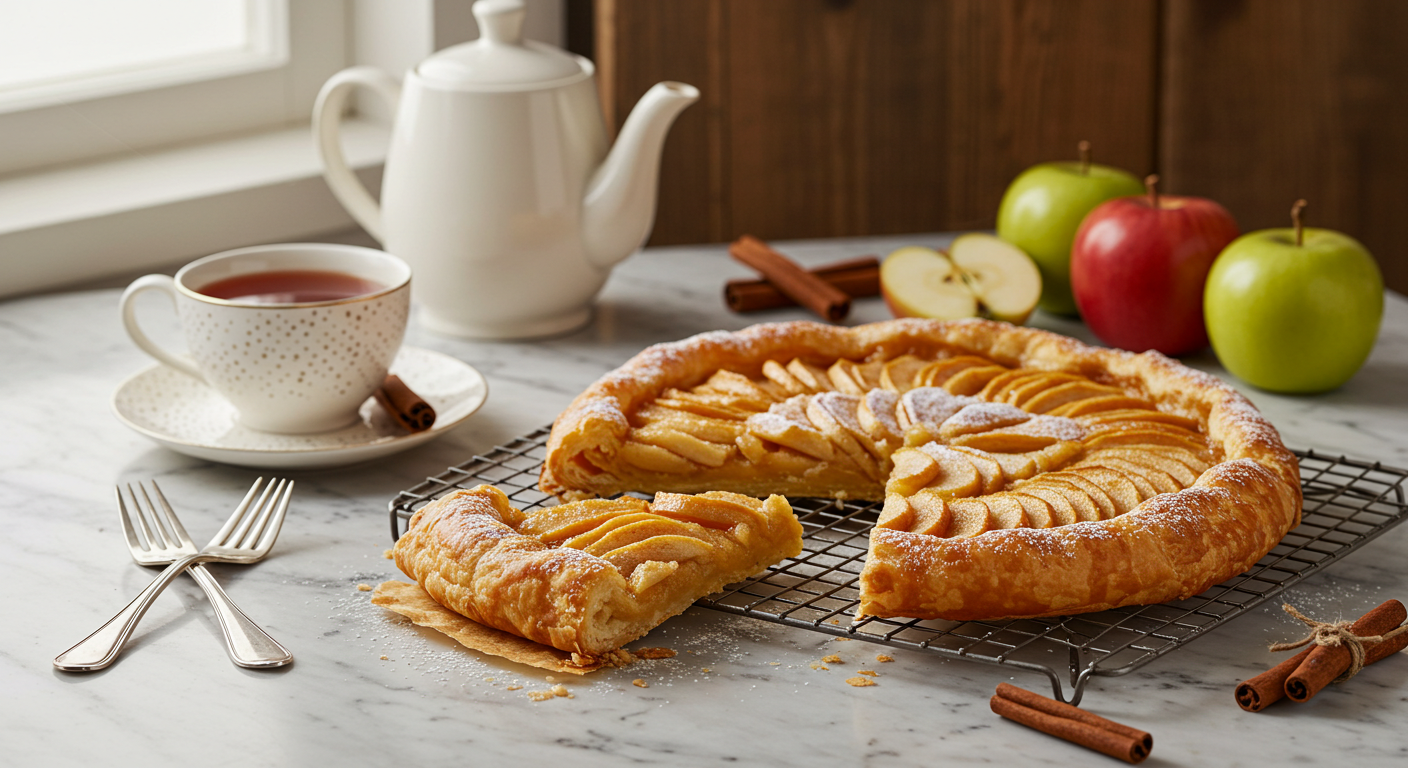 Golden puff pastry dessert on marble countertop