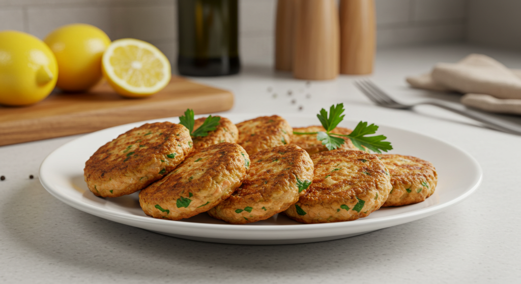 "Golden-brown salmon patties garnished with parsley on a plate"