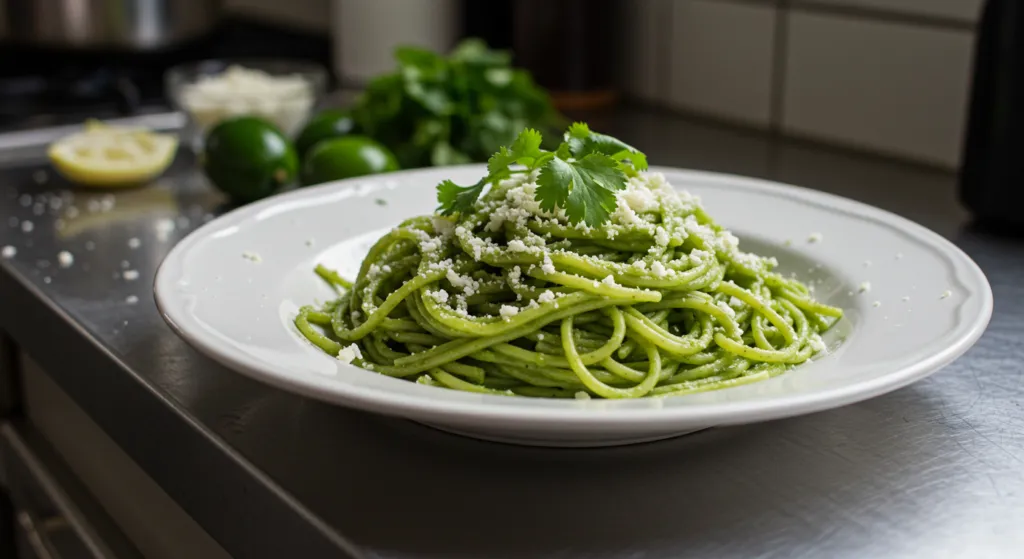 Close-up of green spaghetti garnished with Cotija cheese and cilantro