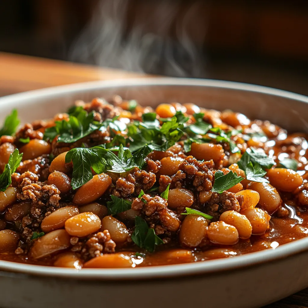 Baked Beans with Ground Beef in a Rustic White Dish