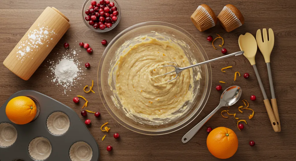 Mixing muffin batter with cranberries and orange zest.