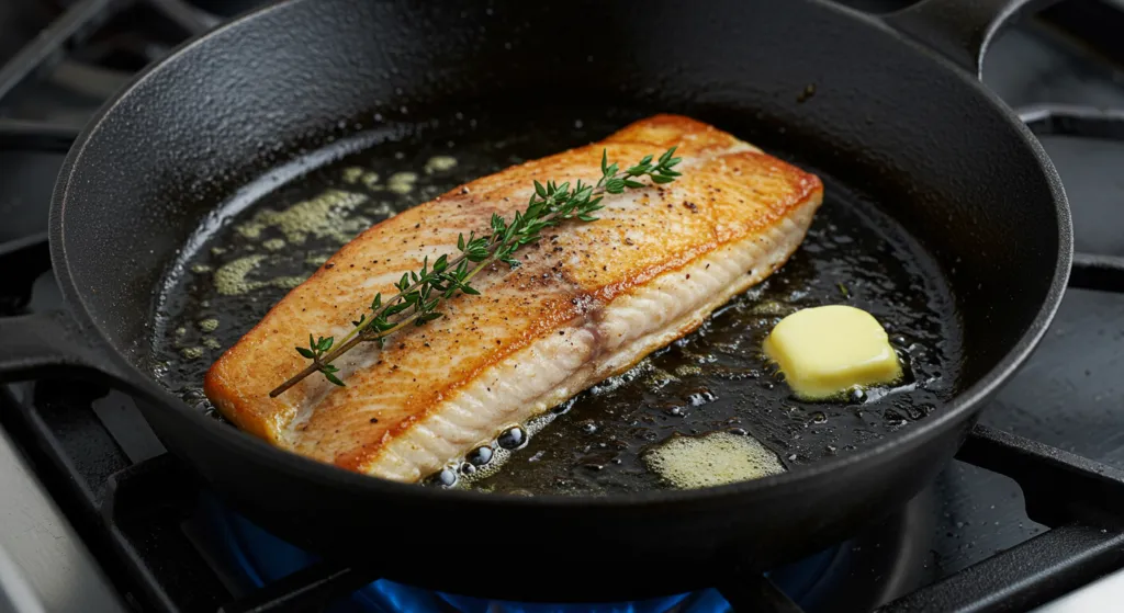 Sizzling steelhead trout fillet in a cast-iron skillet with thyme and butter