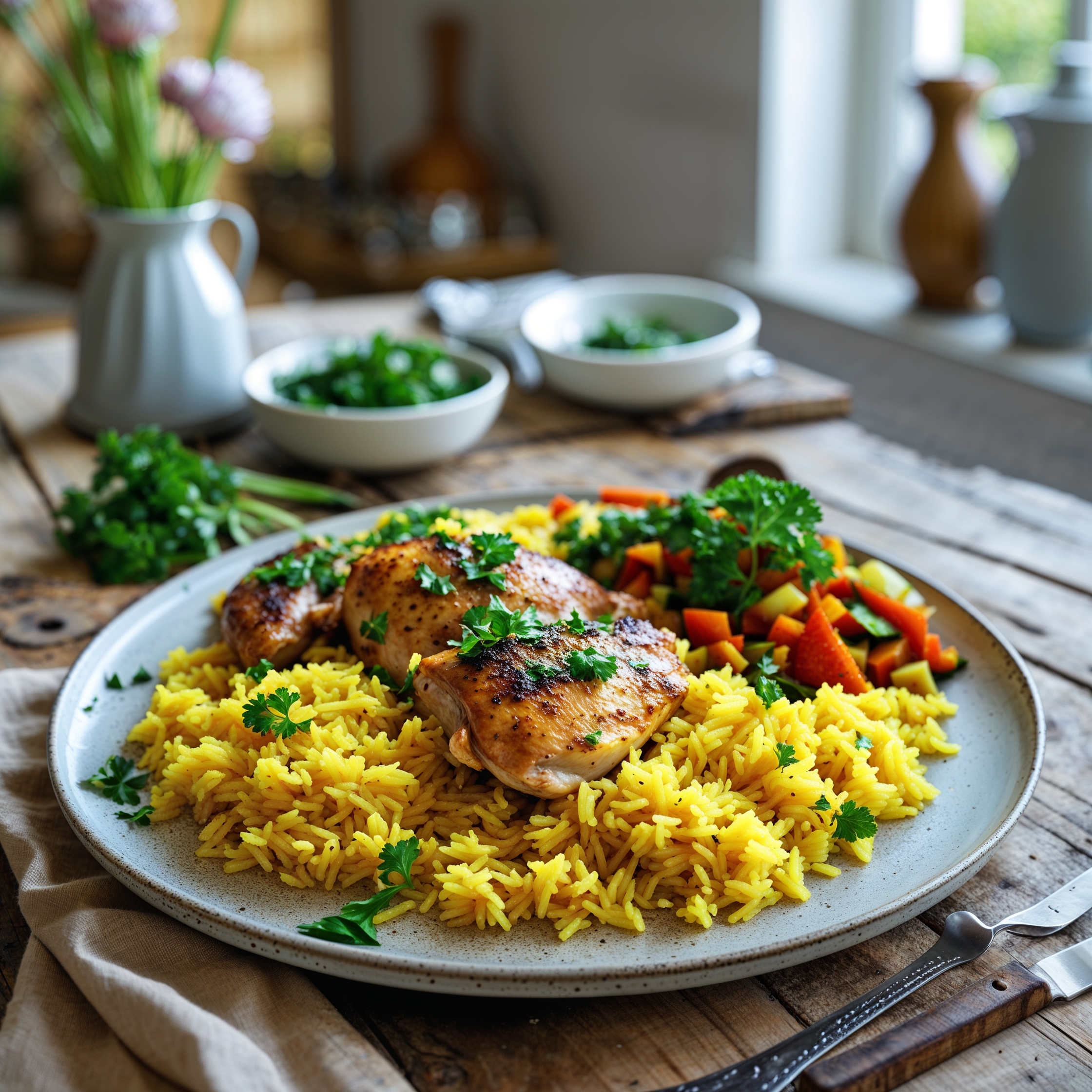 Chicken and Yellow Rice Recipe on a rustic wooden table