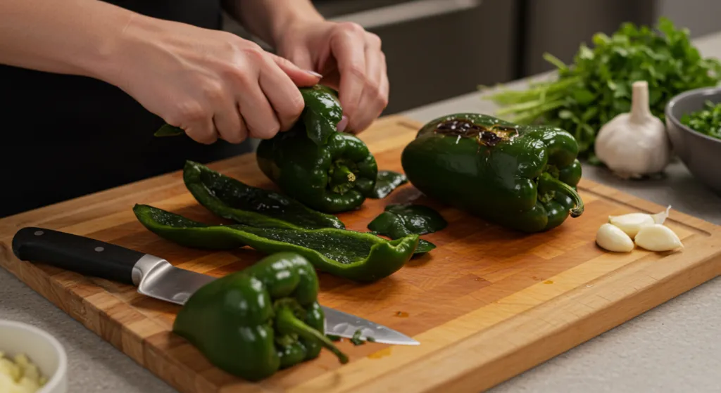 Roasted poblano peppers being peeled for green spaghetti sauce