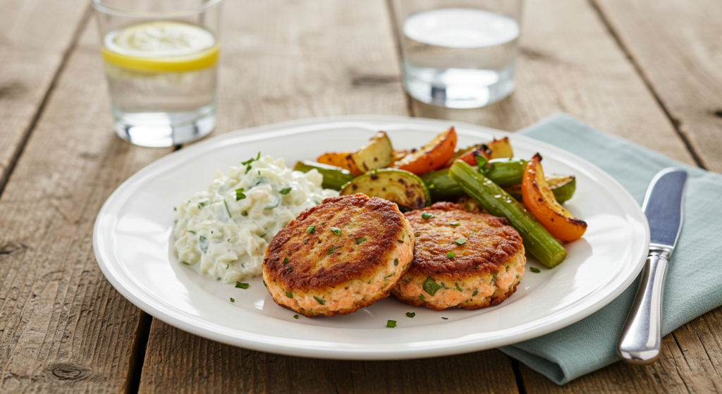 Salmon patties served with coleslaw and roasted vegetables