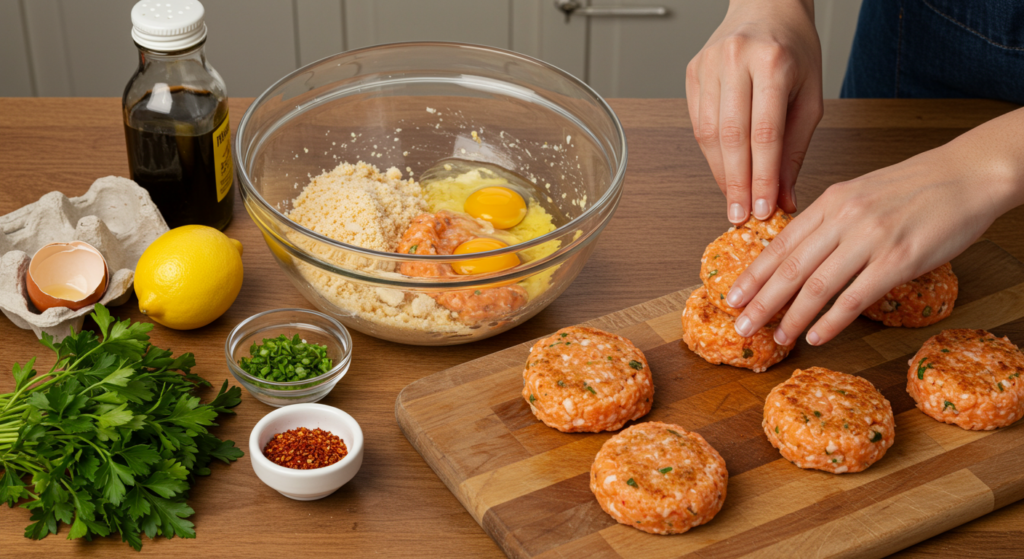 The salmon patty mixture being shaped on a cutting board, featuring fresh ingredients and natural light