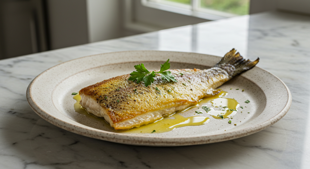 Golden-seared steelhead trout with lemon butter sauce in a modern kitchen.