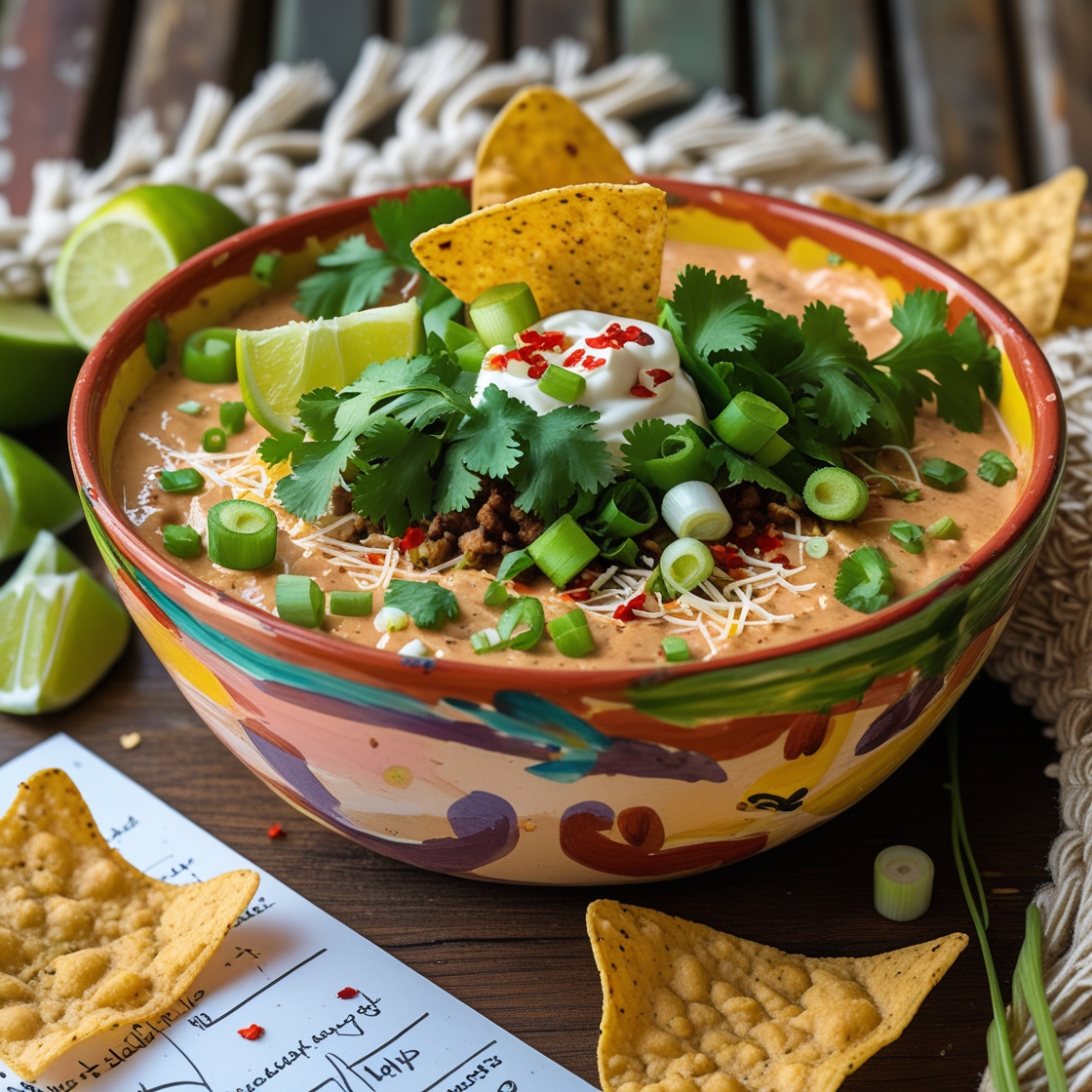 Close-up of a taco dip served in a bowl with tortilla chips.