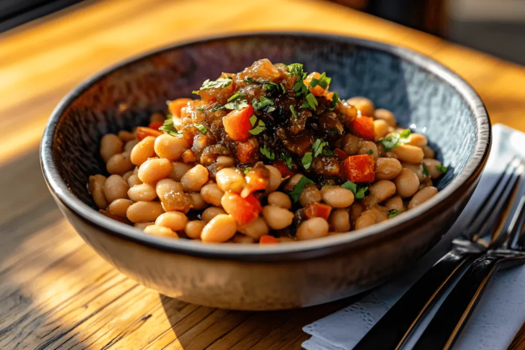 Pinto beans topped with chow chow recipe  on a wooden table.