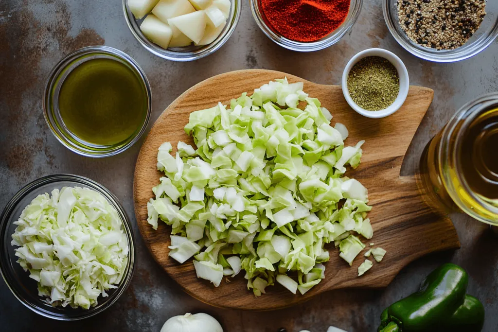 Ingredients for chow chow  recipe  on a wooden cutting board.