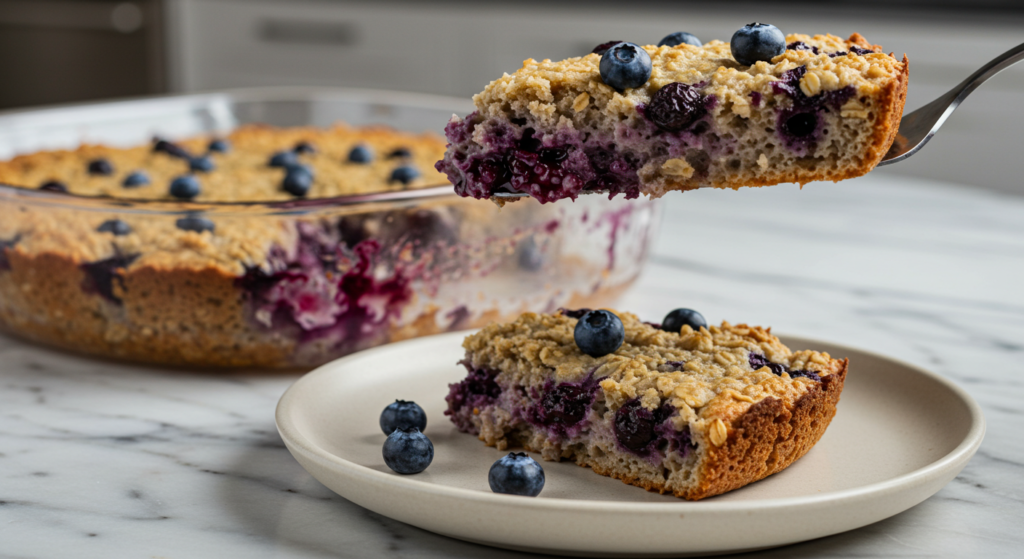 Close-up of homemade blueberry baked oatmeal in a light ceramic dish