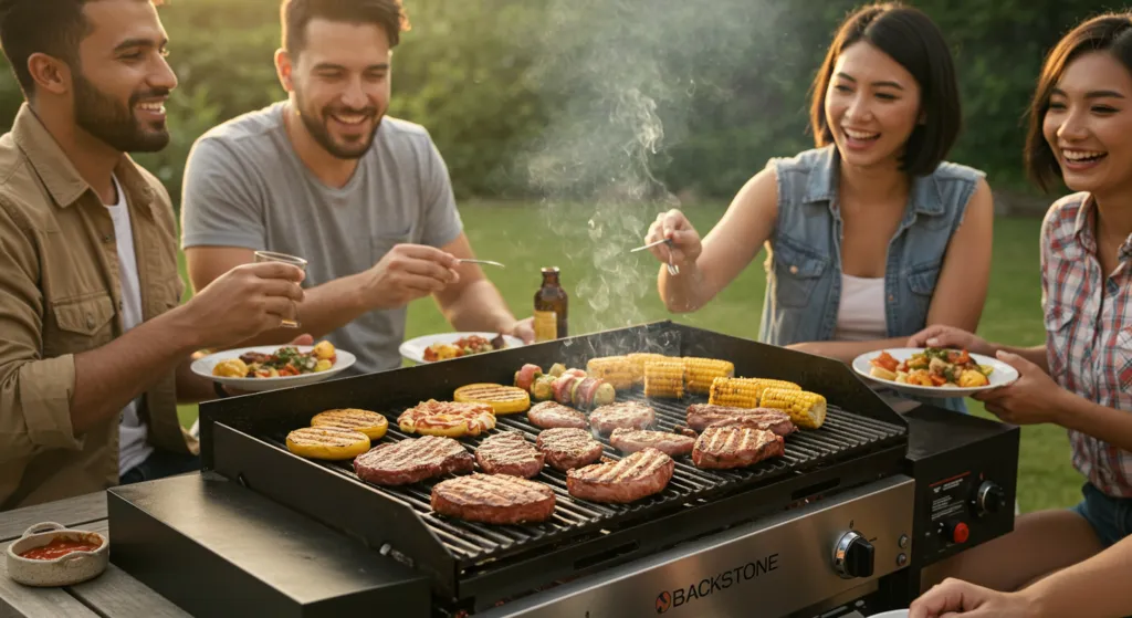 Friends enjoying Blackstone-grilled food outdoors