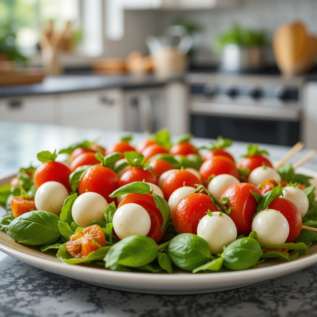 "Platter of colorful Caprese Skewers in a modern kitchen"