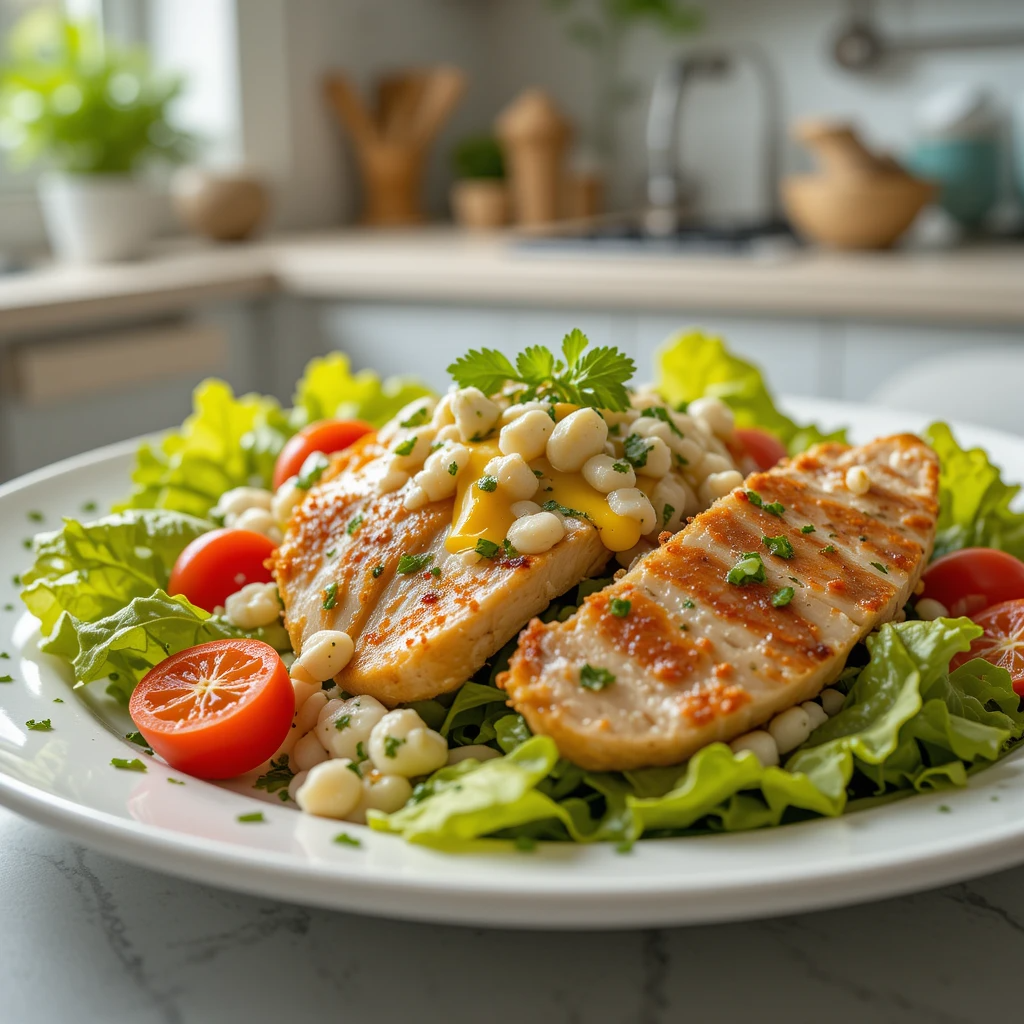 "Close-up of a Chicken Caesar Salad in a bright kitchen"