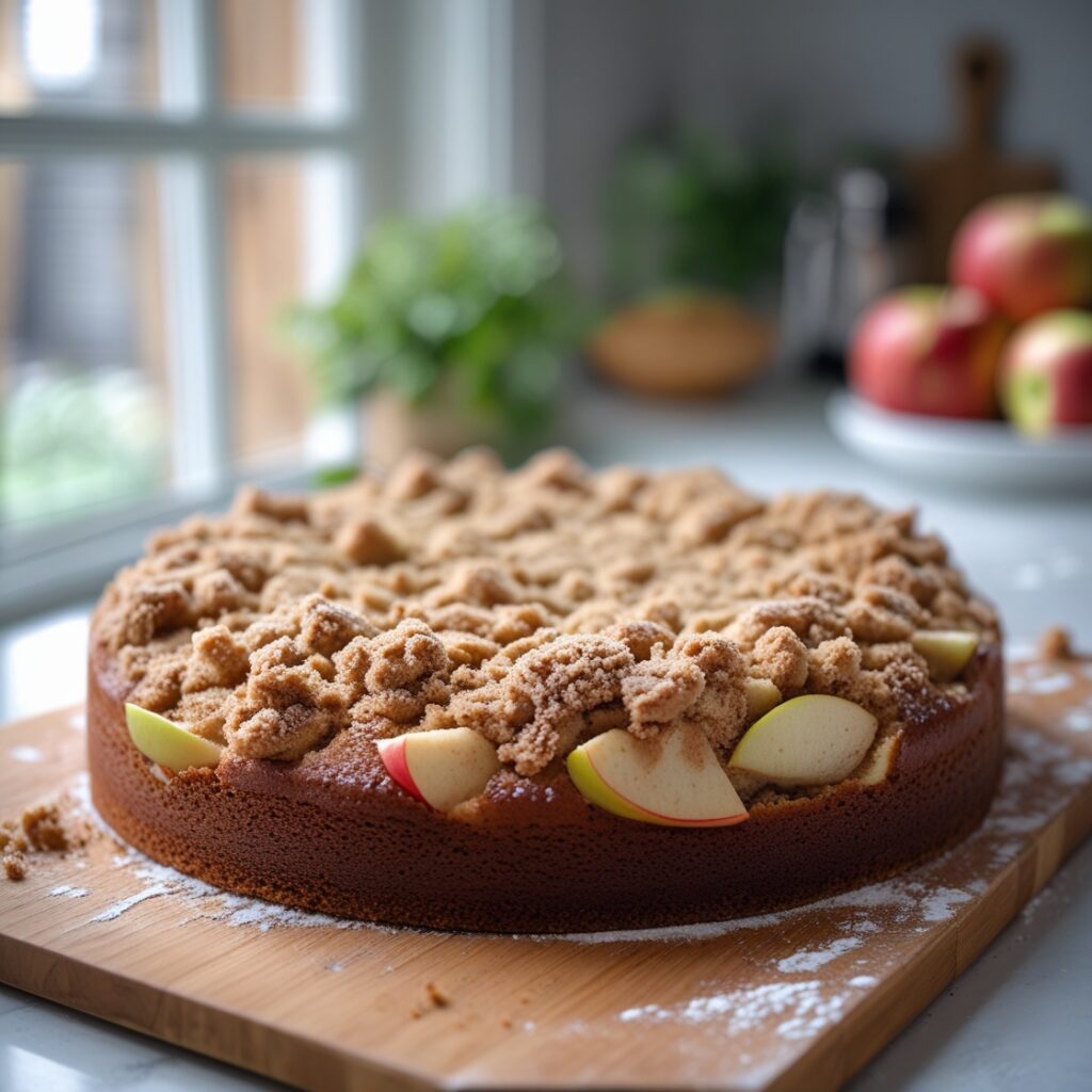 Freshly baked apple coffee cake with streusel topping, ready to eat.