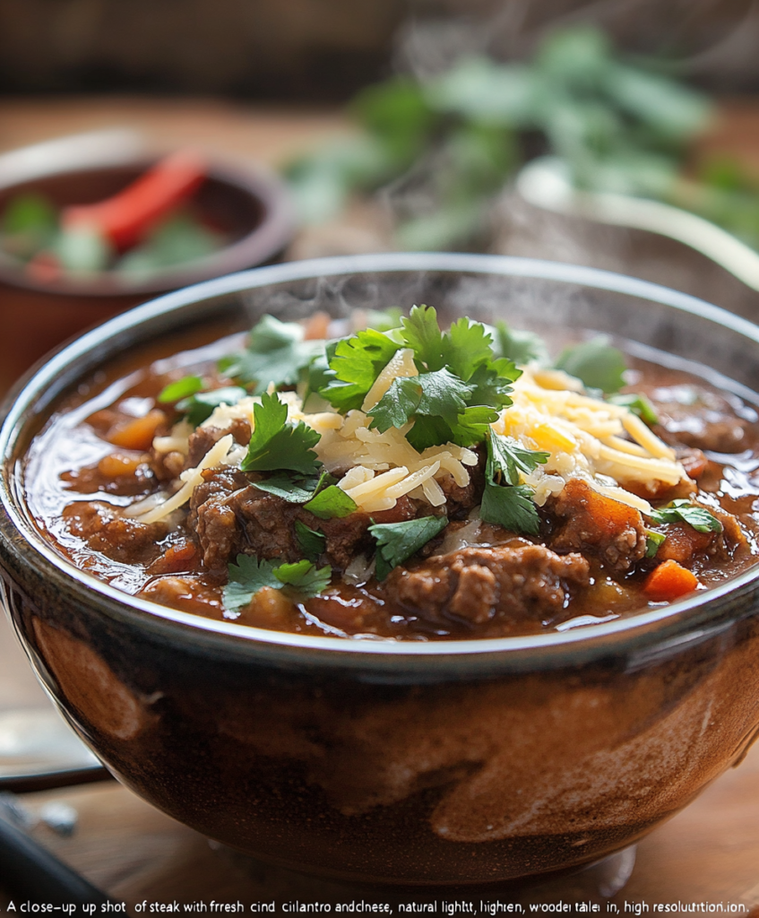 Bowl of steak chili garnished with cilantro and cheese.