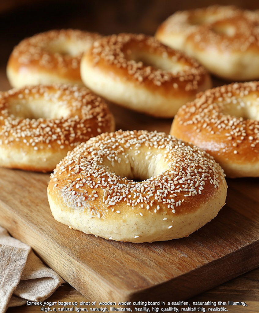 Freshly baked Greek yogurt bagels on a wooden board.