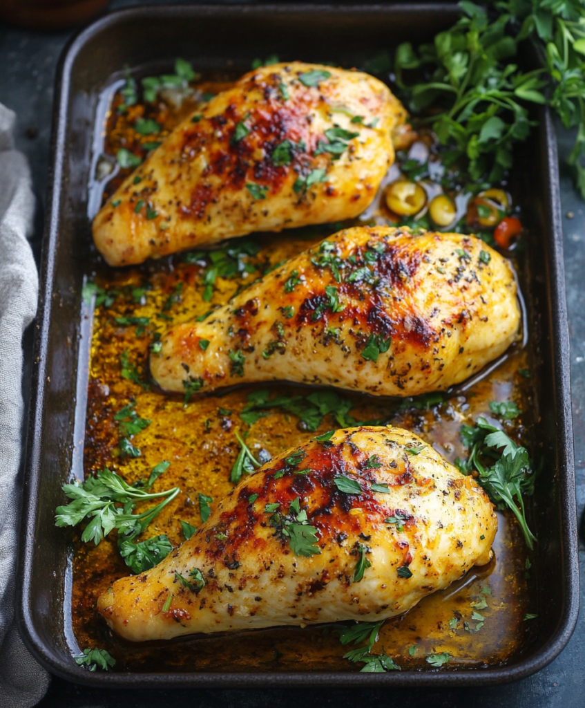 Broiled chicken plated with herbs in a cozy kitchen.