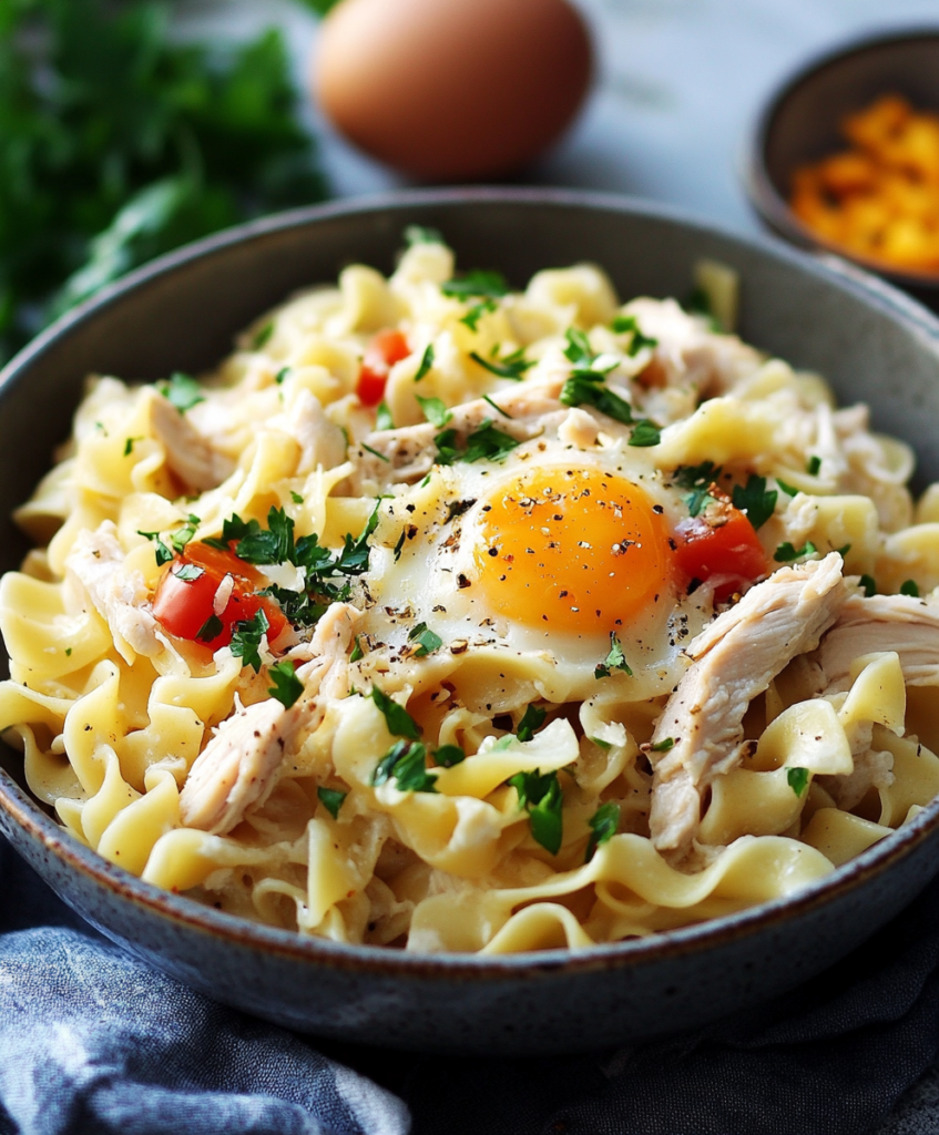 "Close-up of chicken and egg noodles in a beautiful kitchen."