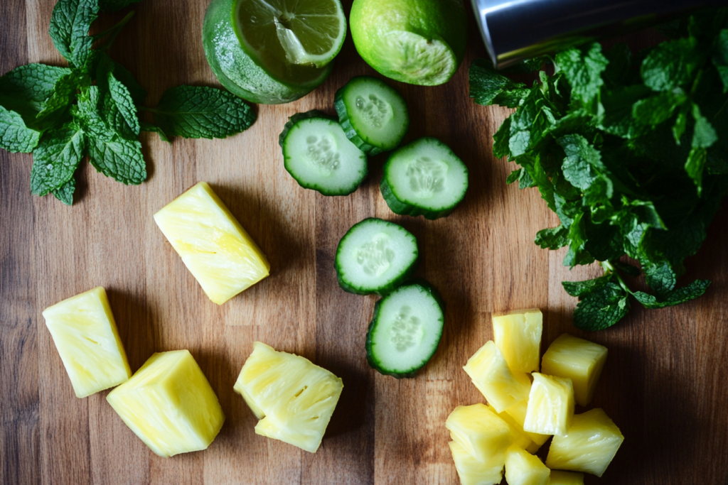 ngredients for a healthy Cucumber Mint Smoothie: cucumber, mint, pineapple, lime, ginger.