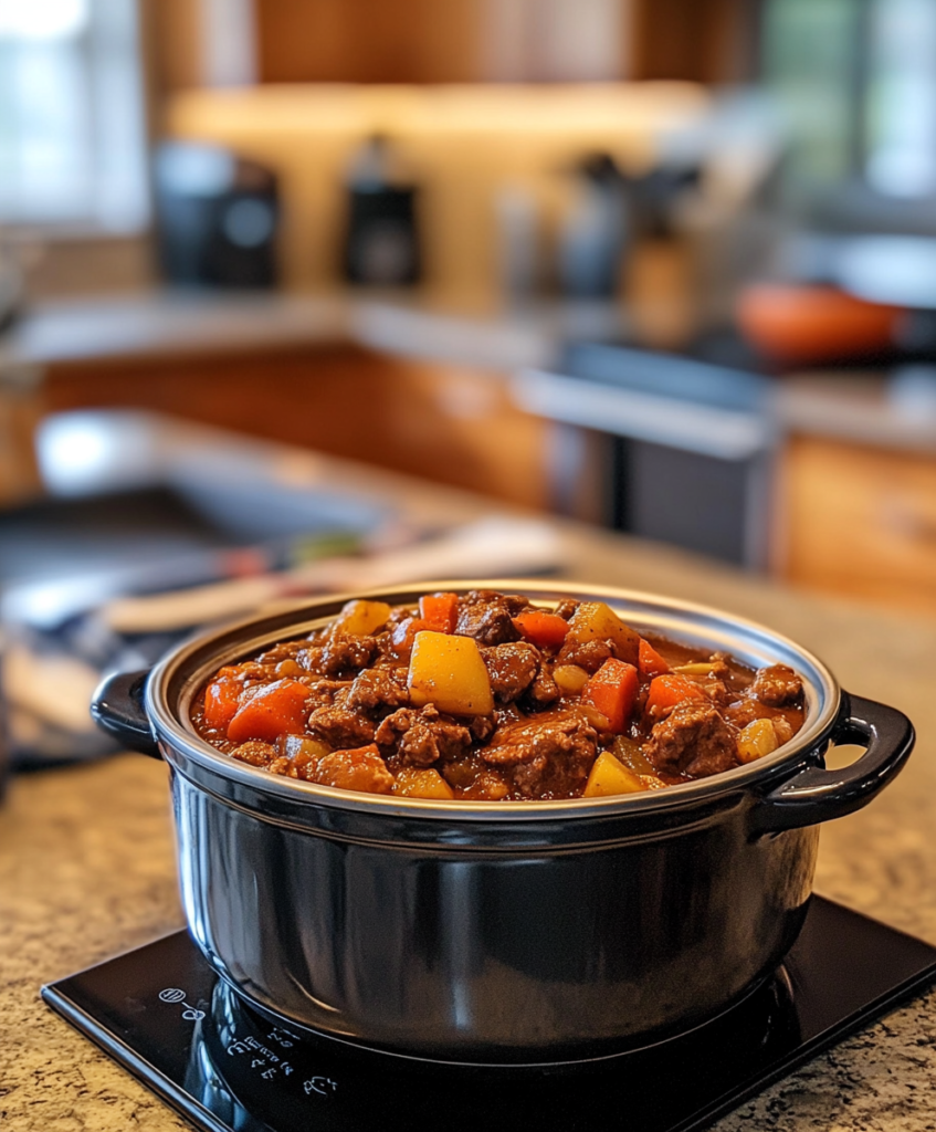 Slow cooker with beef stew in a beautiful kitchen