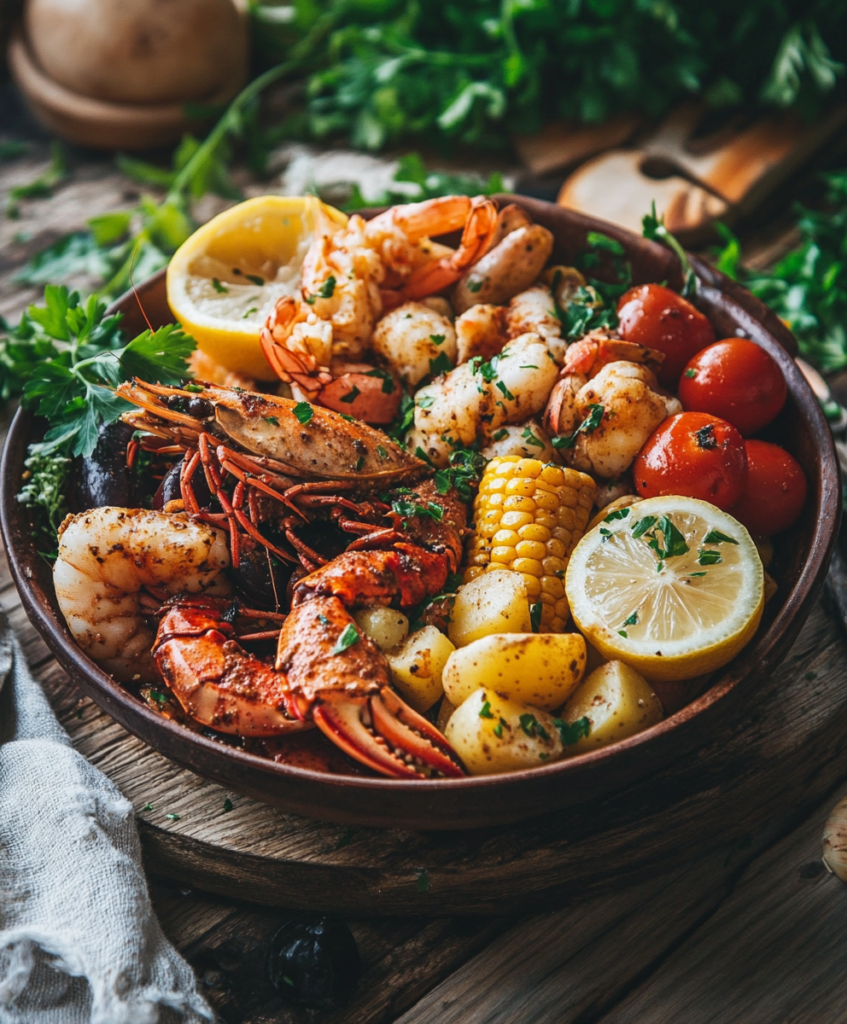 Colorful seafood boil recipe with shrimp, crab, and vegetables.