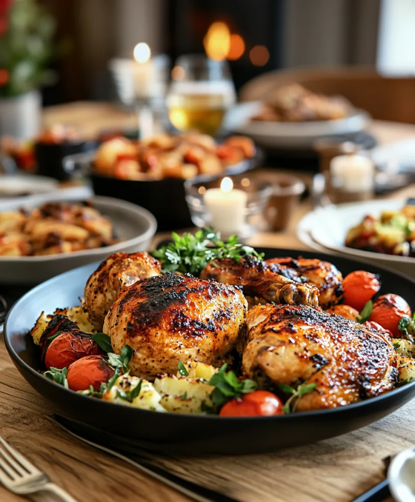 Family enjoying broiled chicken at dinner table.