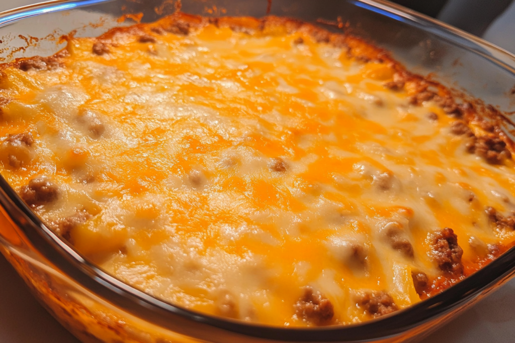 Hobo Casserole with ground beef and vegetables in a cast iron skillet.