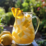 Refreshing Pineapple Lemonade in a pitcher with ice and fruit.