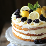 : Delicious Limoncello Mascarpone Cake decorated with lemon zest.