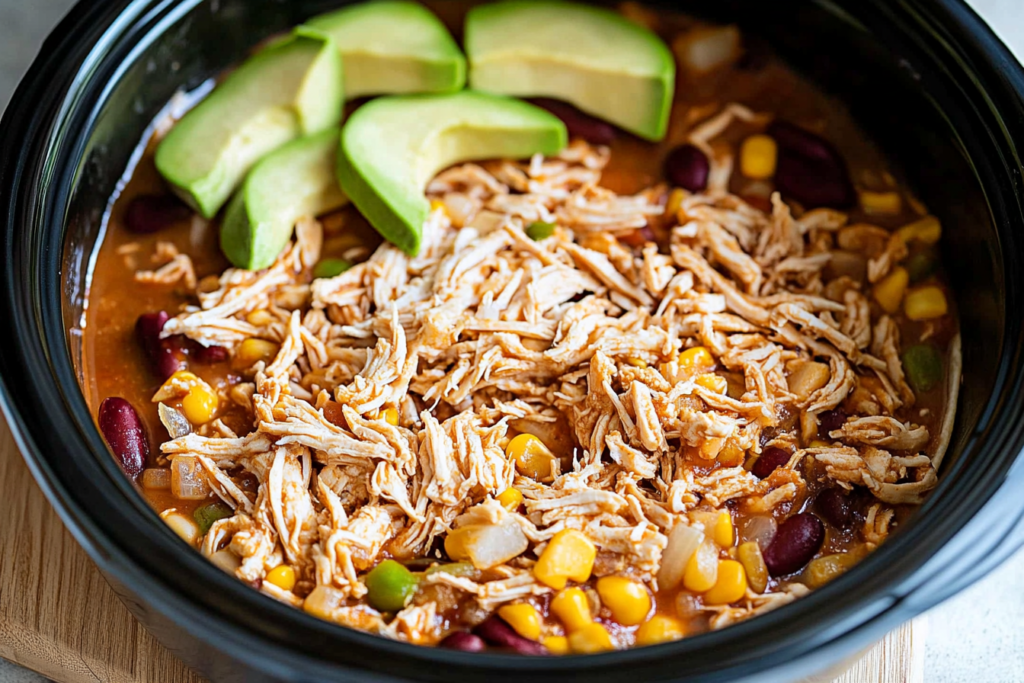 Assembling slow cooker chicken burritos with various fillings and tortillas.