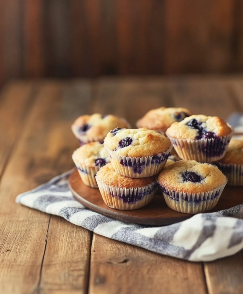 "Freshly baked mini blueberry muffins in a bright kitchen"