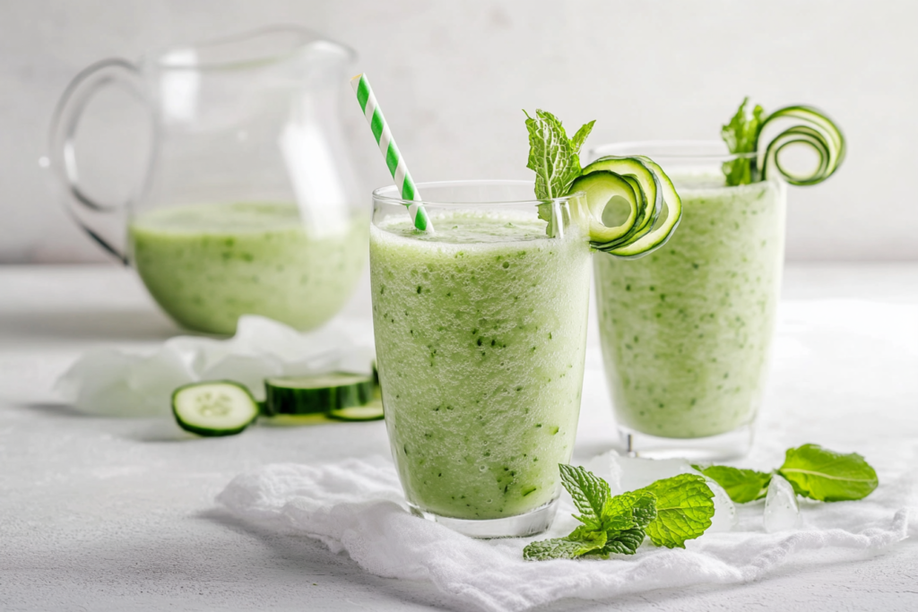 Two glasses of Cucumber Mint Smoothie, ready to be enjoyed.