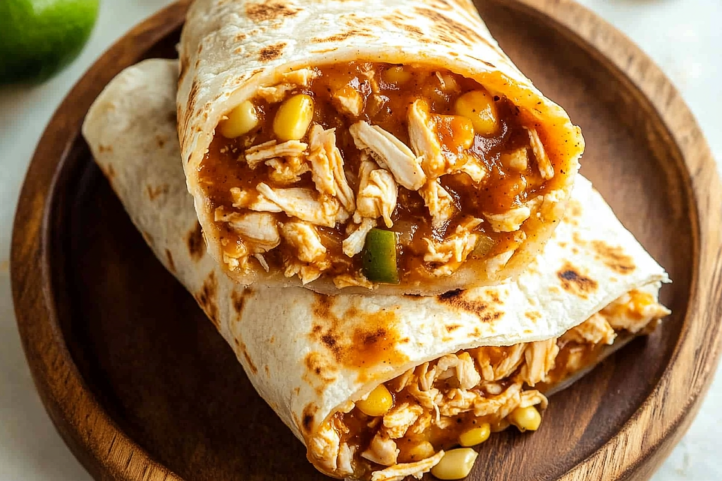 Seasoned shredded chicken for a slow cooker chicken burrito recipe.