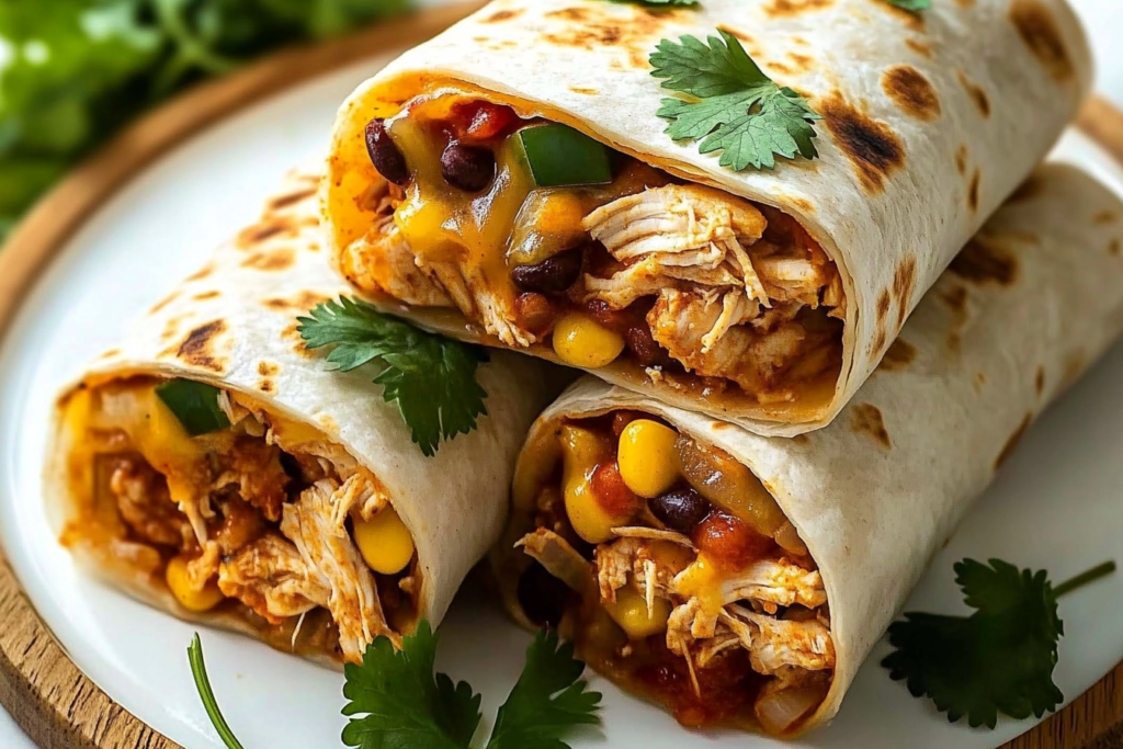 Slow cooker chicken burrito recipe garnished with cilantro on a white plate.