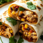 Slow cooker chicken burrito recipe garnished with cilantro on a white plate.